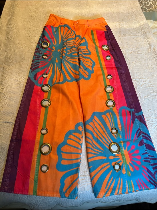 NDAWUSELLE Pants - Wide Leg Floral Grommet Pants - Orange Multicolor